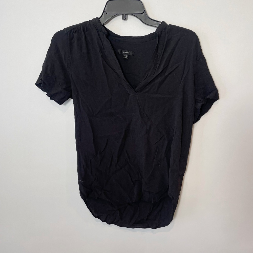 J.CREW Drapey Band Collar Popover Blouse Womens 2XS Black Short Sleeve AJ807